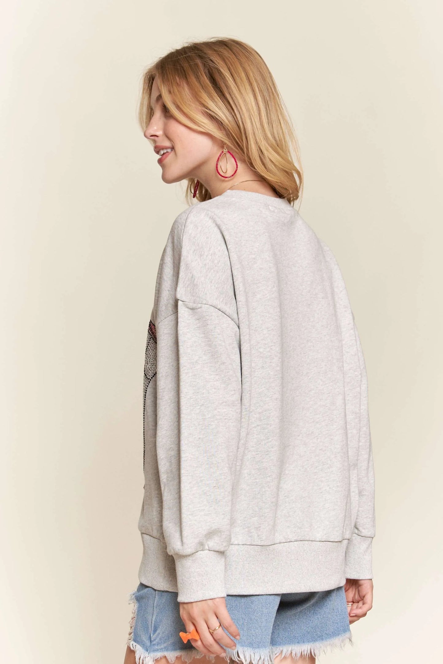 ADORA Rhinestone Accent Casual Sweatshirt in Grey