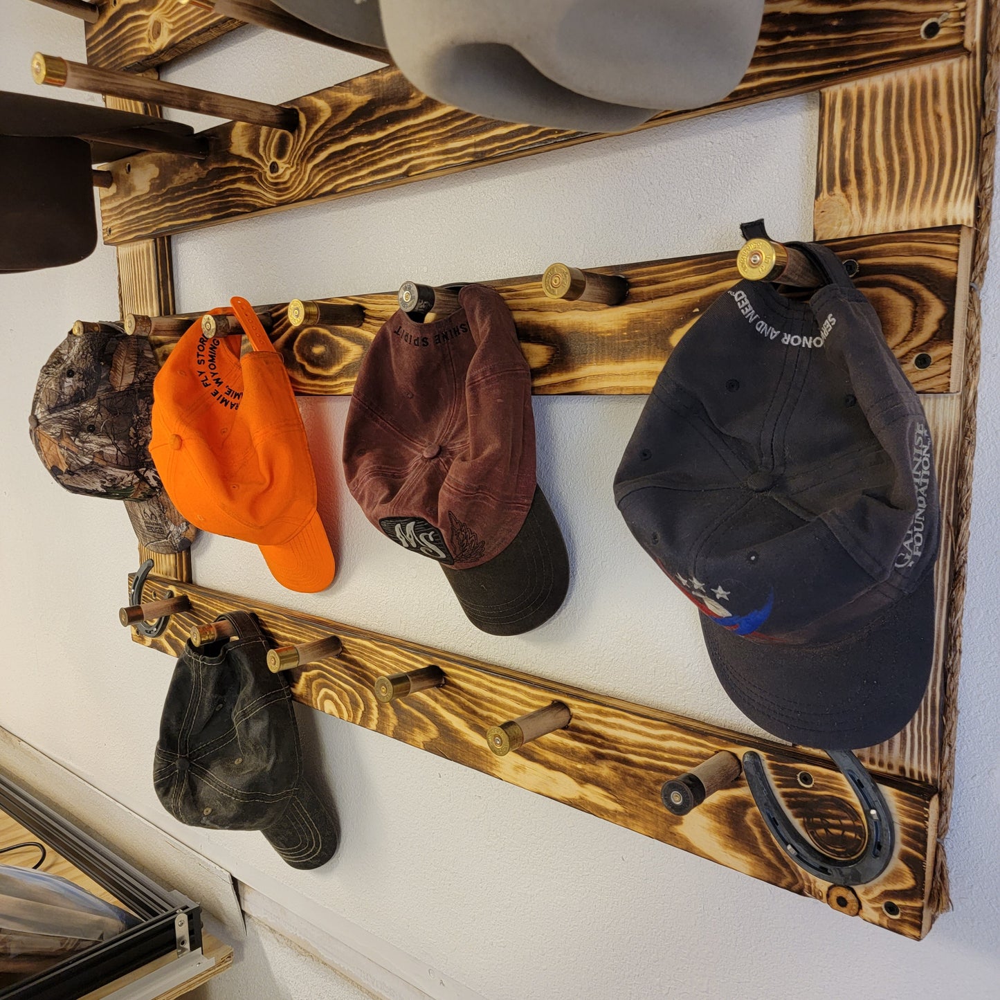 6 Cowboy Hat Rack | Cowboy Hat Holder |  with 13 Gimmee Cap pegs | Rustic Western Hat Display | Handcrafted Wooden Organizer | Space-Saving Home Decor | Made in USA