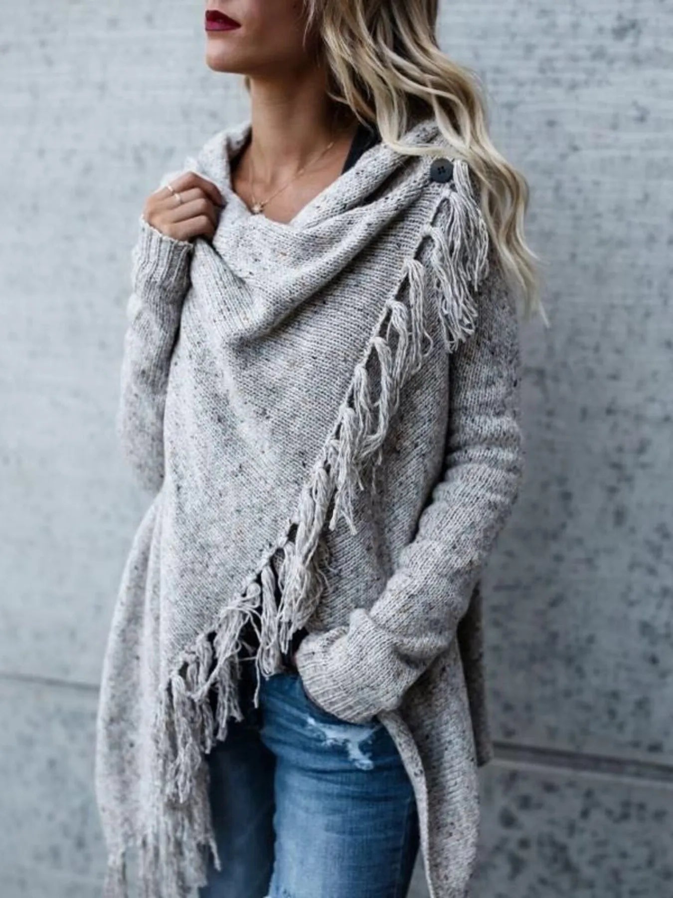 Fringe Long Sleeve Wrap Cardigan Button Fasten