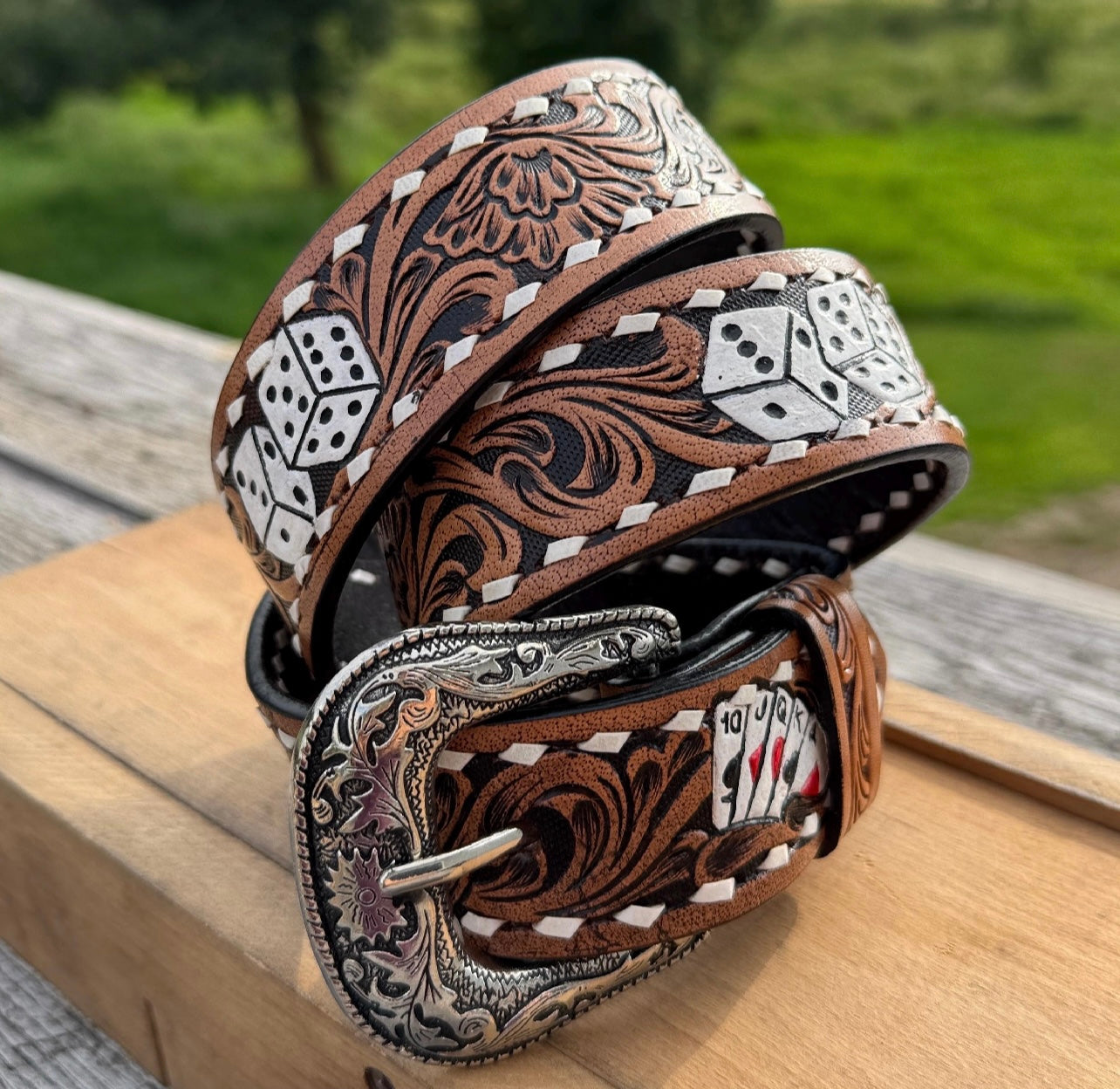 Genuine Leather Western Belt with tooled cards and dice by Boltsbootsbrand
