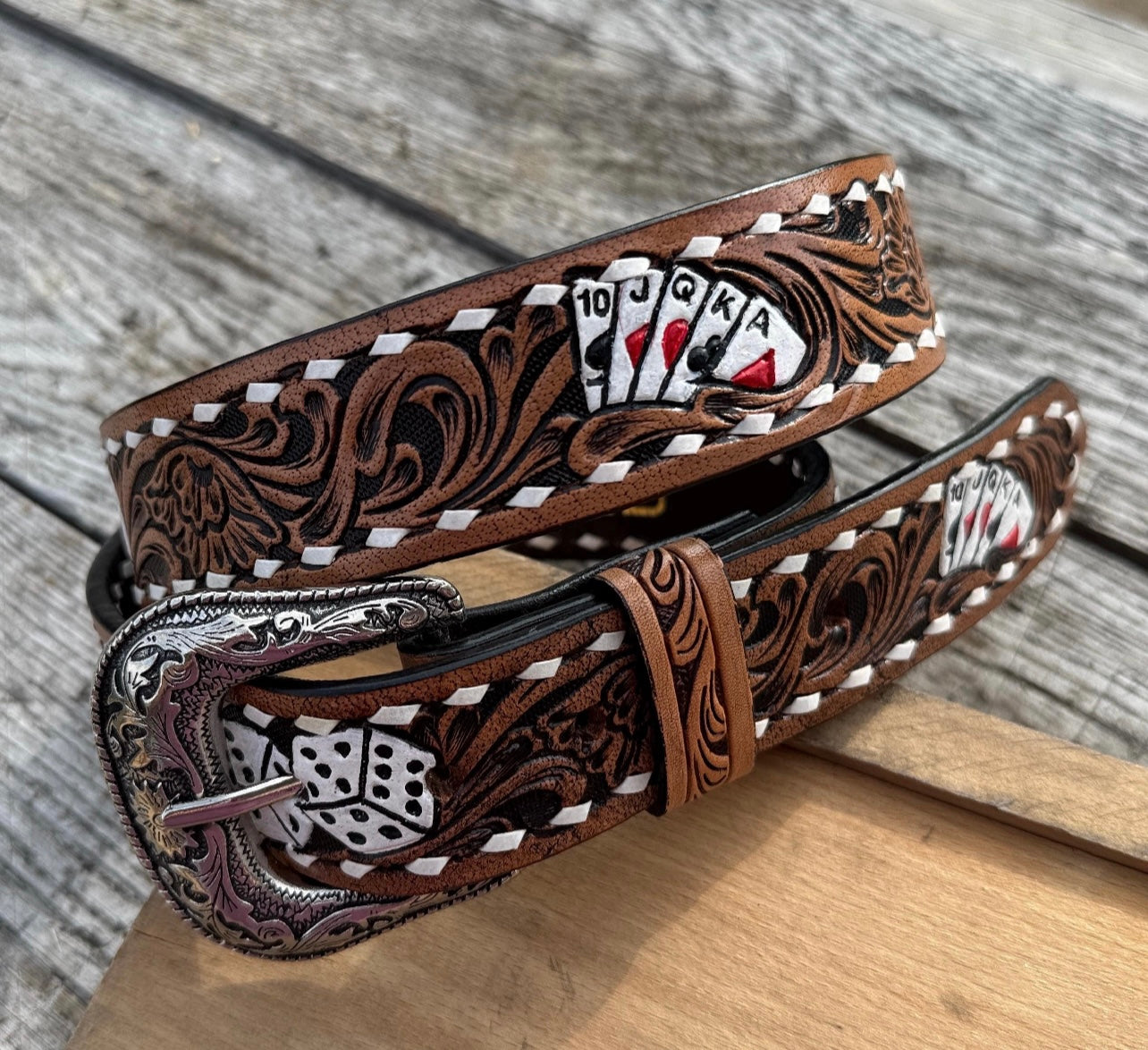Genuine Leather Western Belt with tooled cards and dice by Boltsbootsbrand