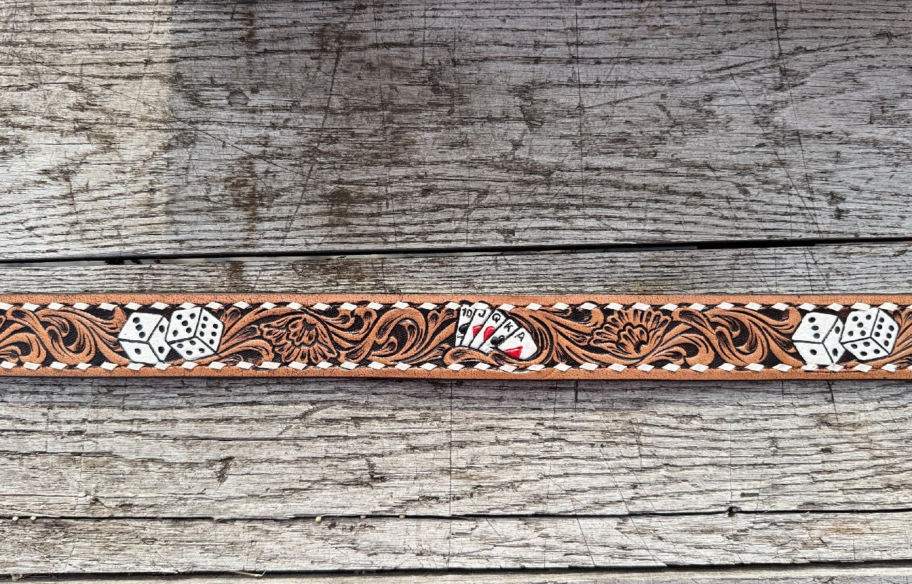 Genuine Leather Western Belt with tooled cards and dice by Boltsbootsbrand