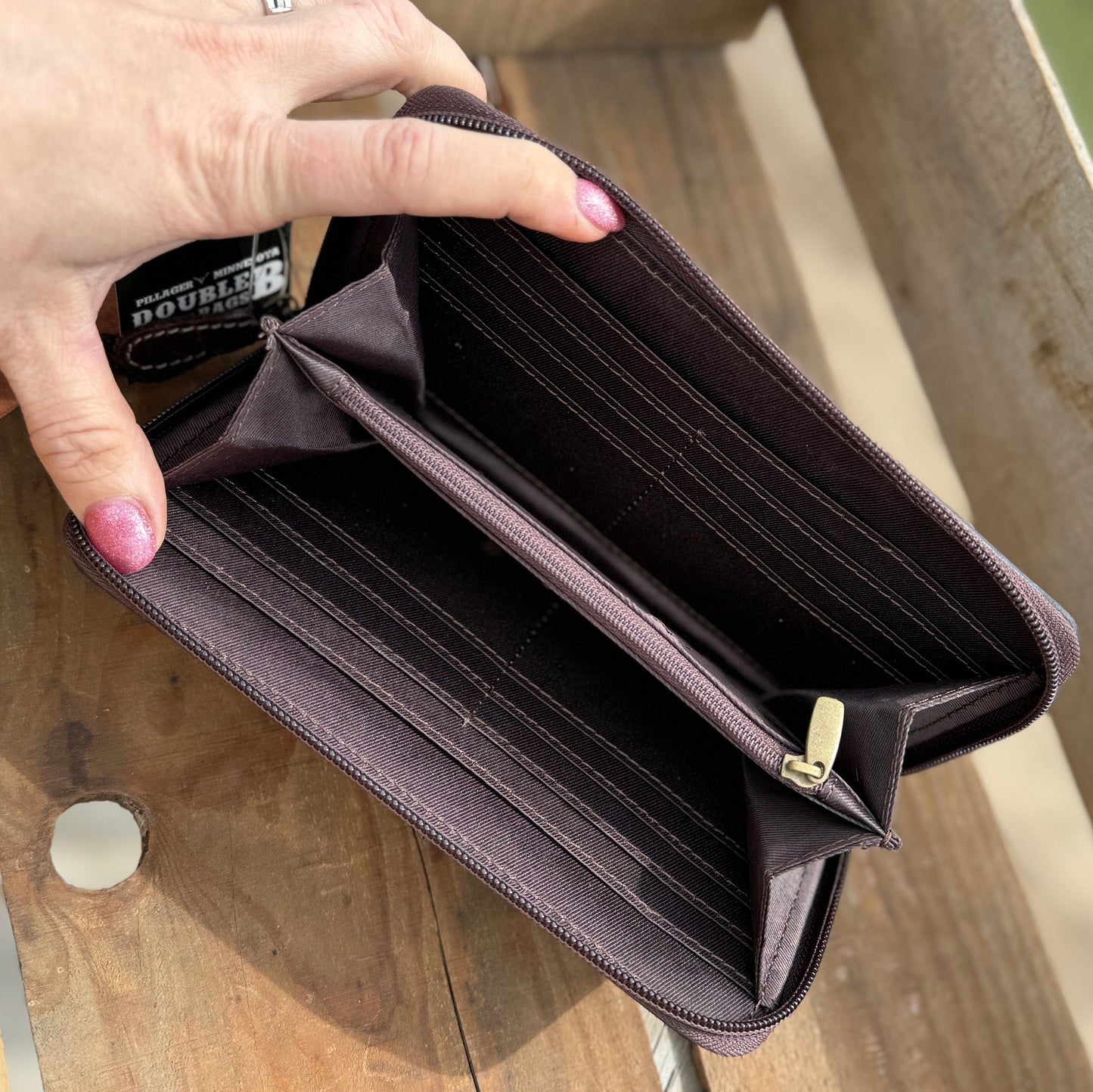 Western wallet zipper closure tooled floral leather turquoise details by Double B Wild Rags