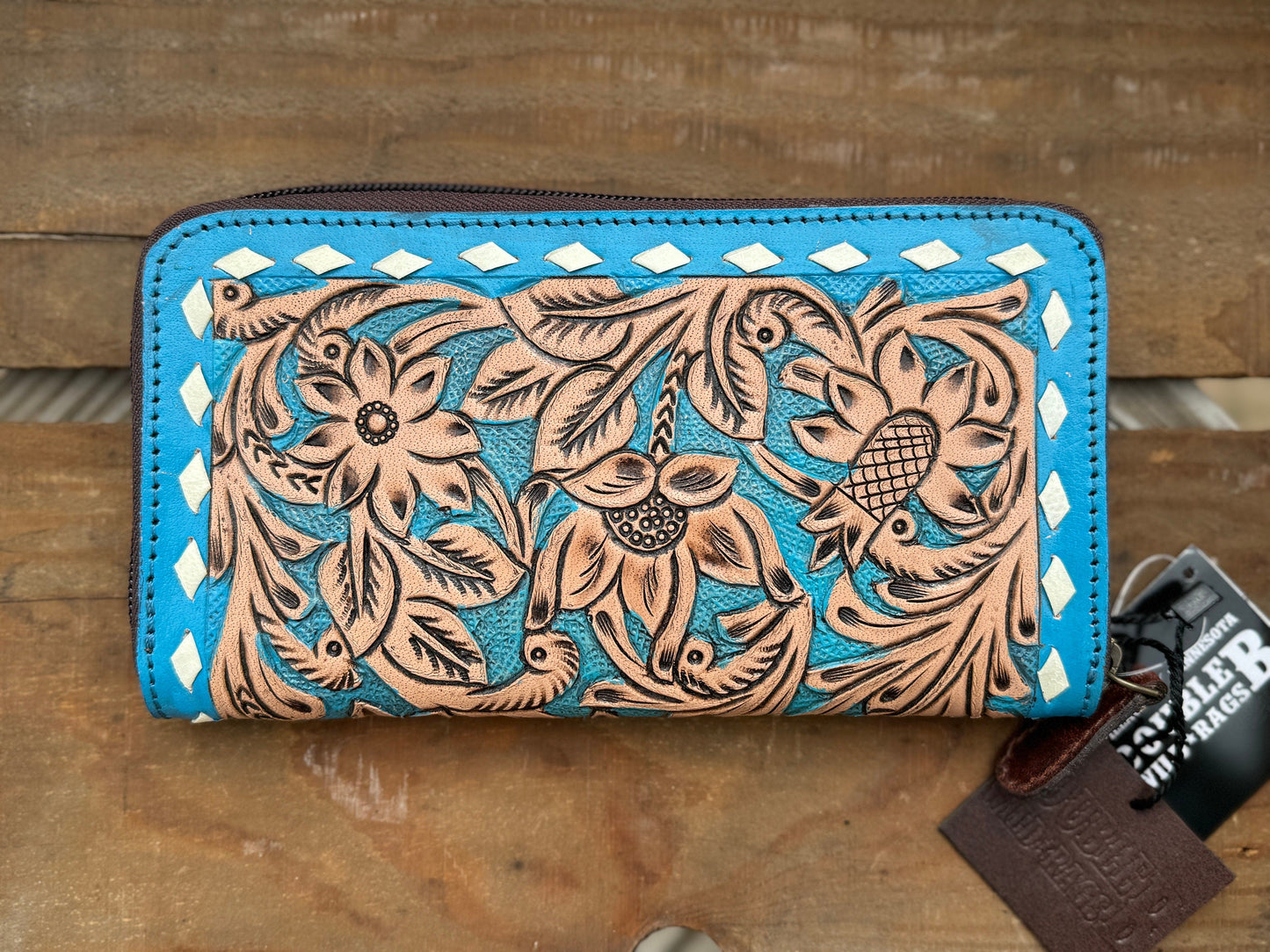 Western wallet zipper closure tooled floral leather turquoise details by Double B Wild Rags