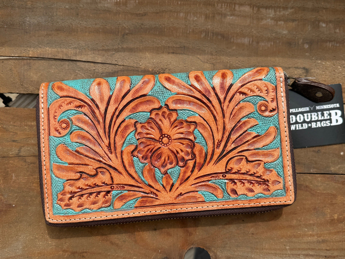 Western wallet zipper closure tooled floral leather turquoise details by Double B Wild Rags