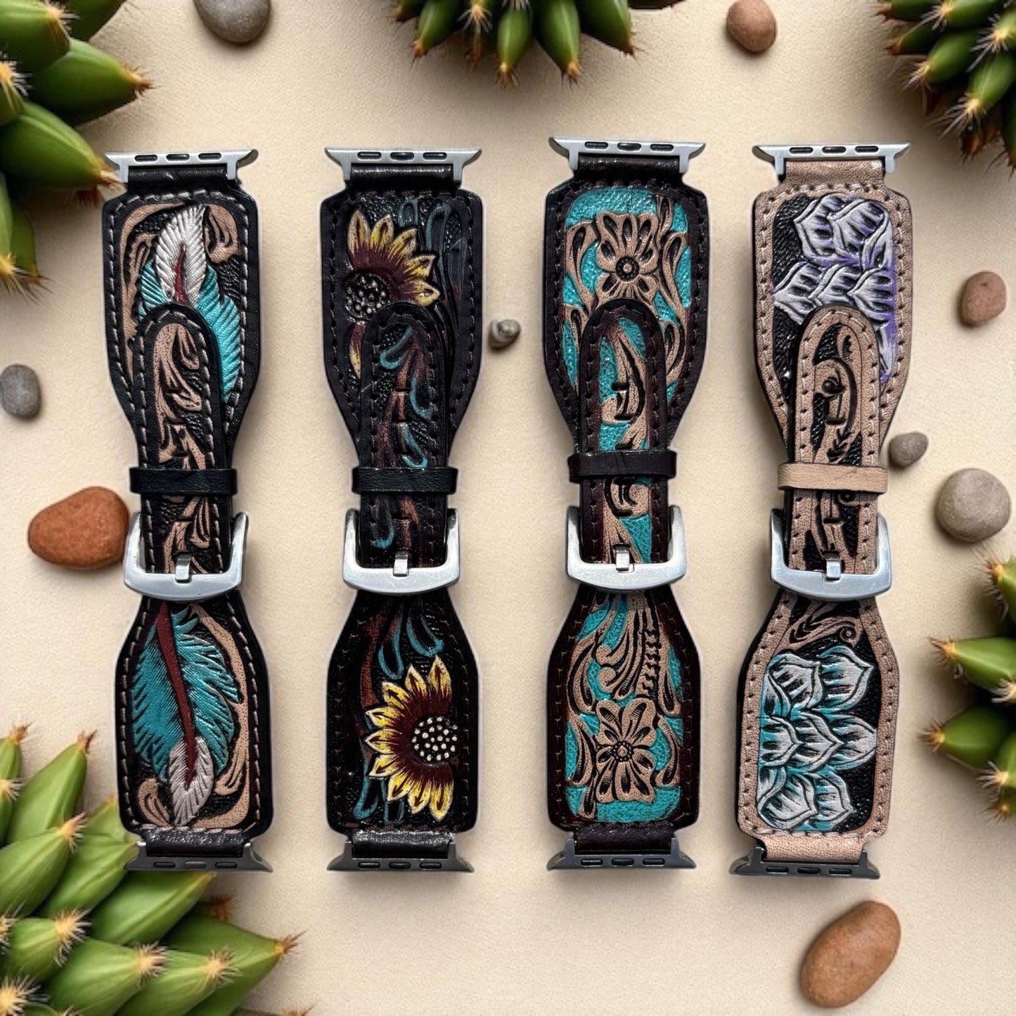 Western Tooled Leather Floral Watch Band by Double B Wild Rags Fits 42mm 44mm 45mm