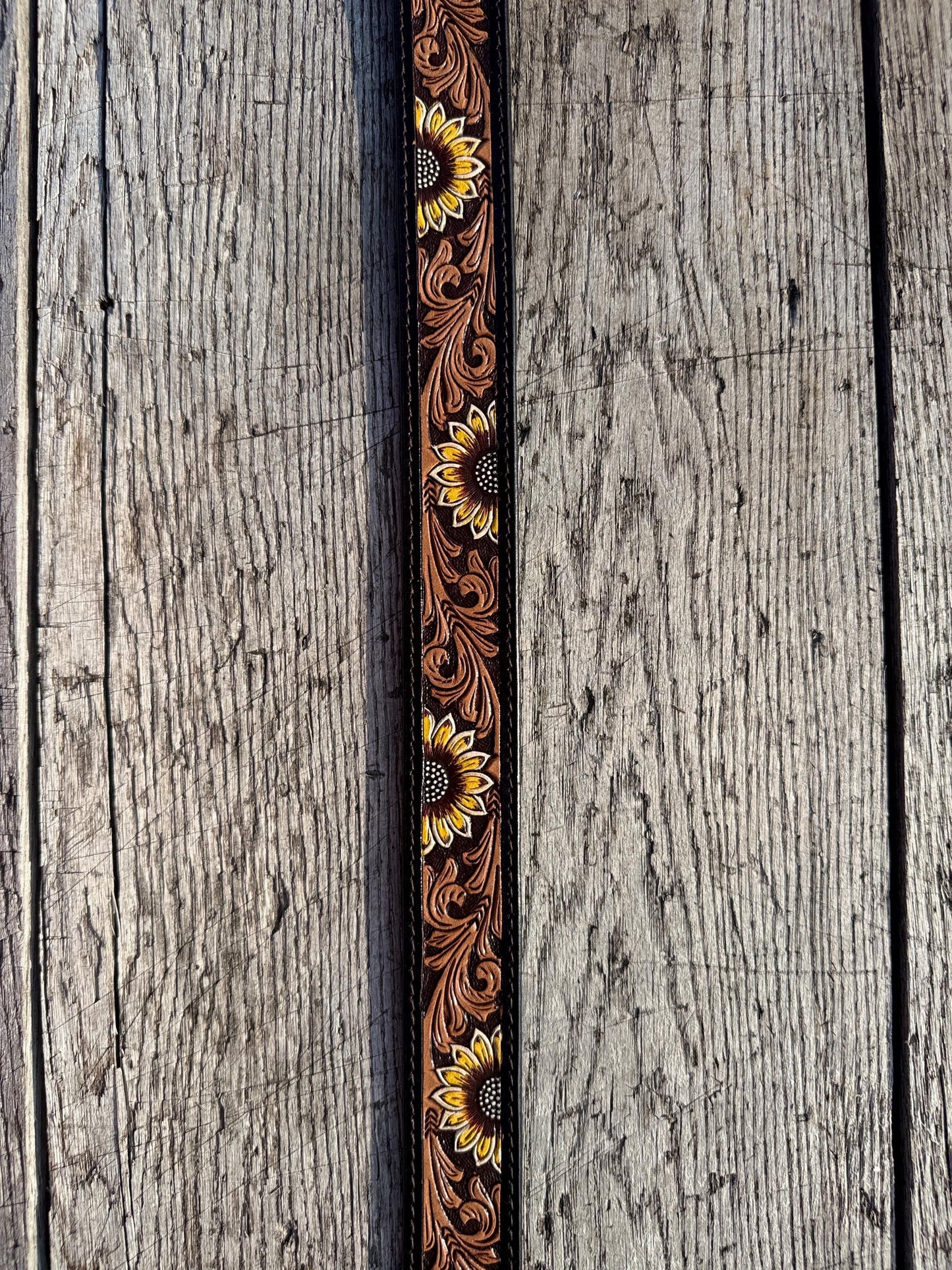 Genuine Leather Western Belt with dark tooled Sunflower details by Double B Wild Rags