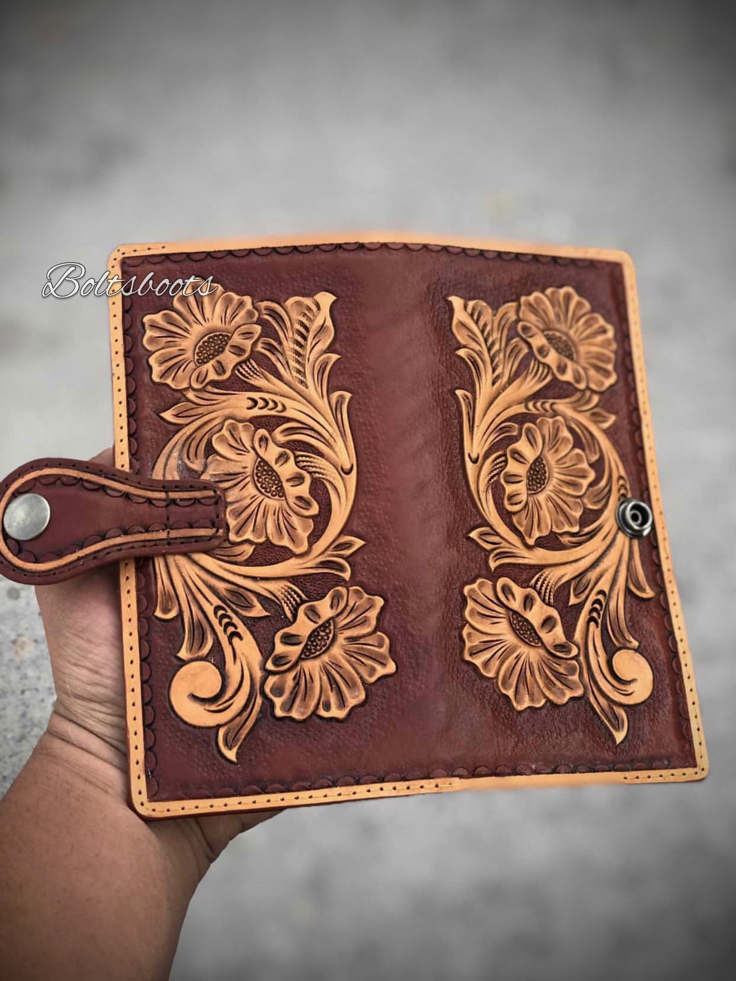 Mahogany California handtooled wallet by Boltsbootsbrand