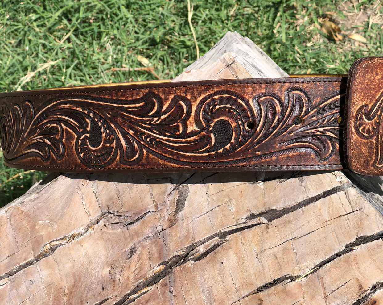 Mid brown scrolls handtooled belt