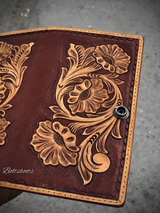 Mahogany California handtooled wallet by Boltsbootsbrand